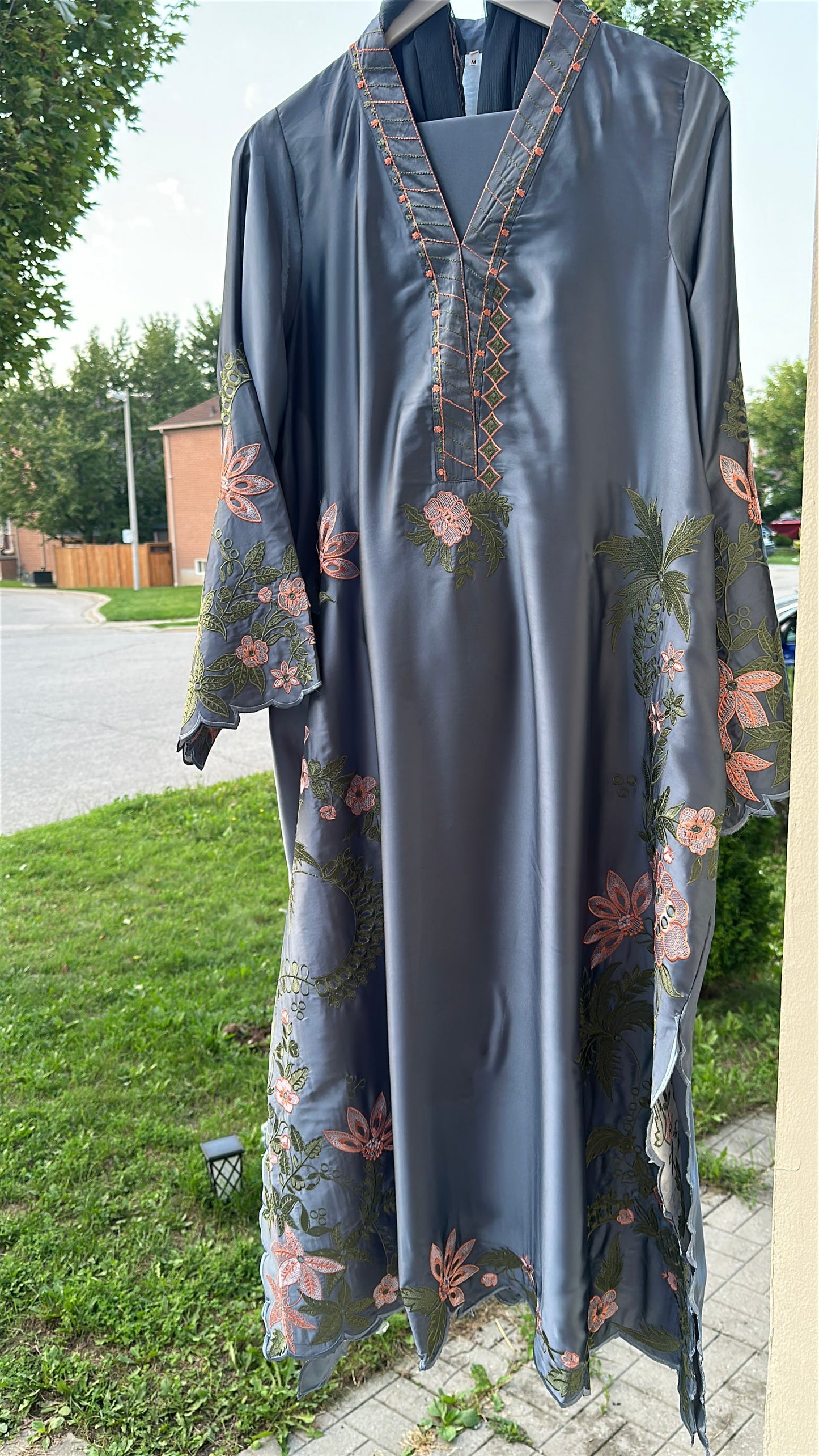 Zarveen — Slate Silk Embroidered Kaftan Set