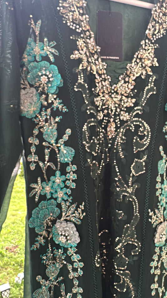 Midnight Emerald Élan — Luxury Embellished Chiffon 3-Piece Set