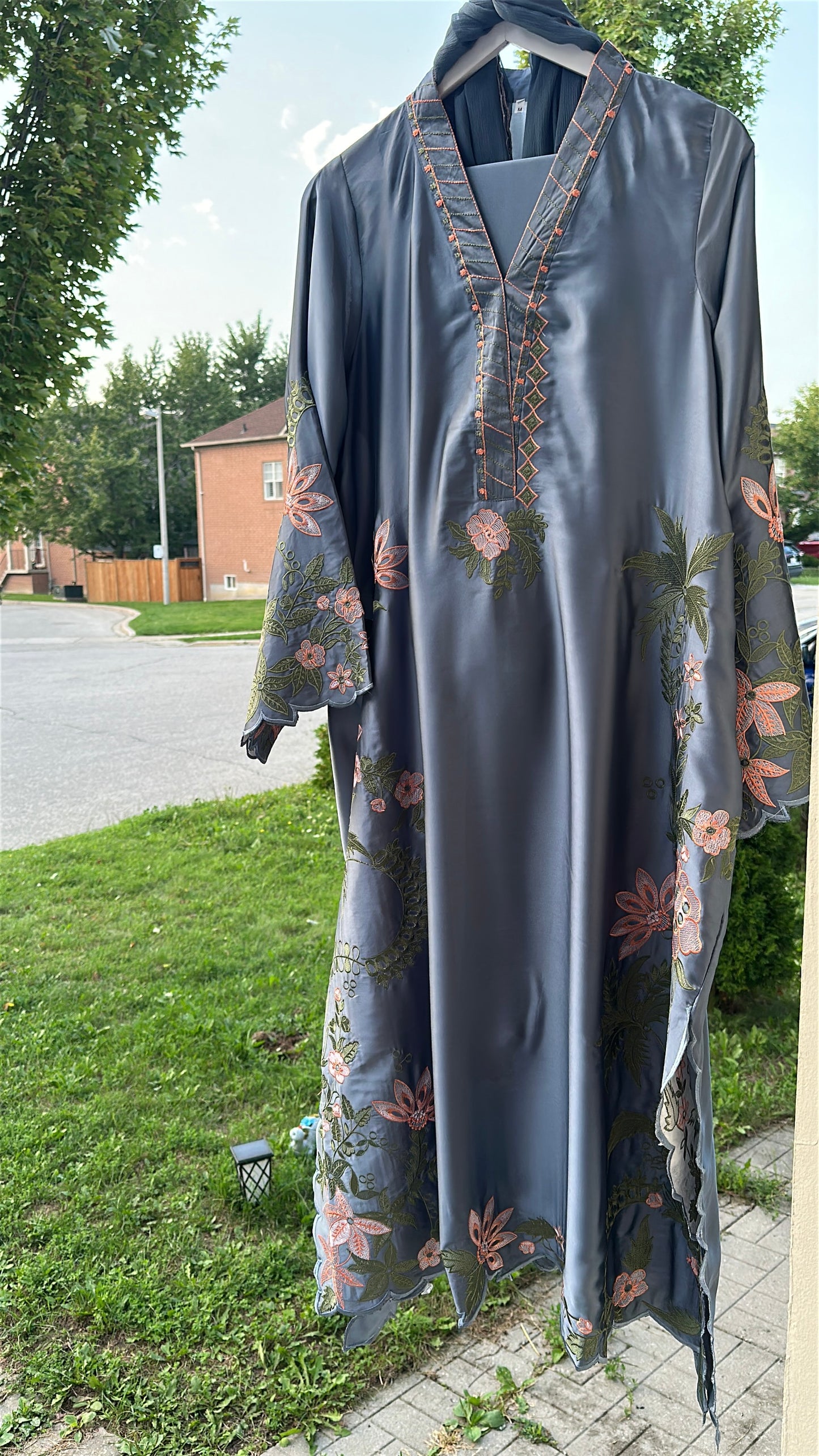 Zarveen — Slate Silk Embroidered Kaftan Set