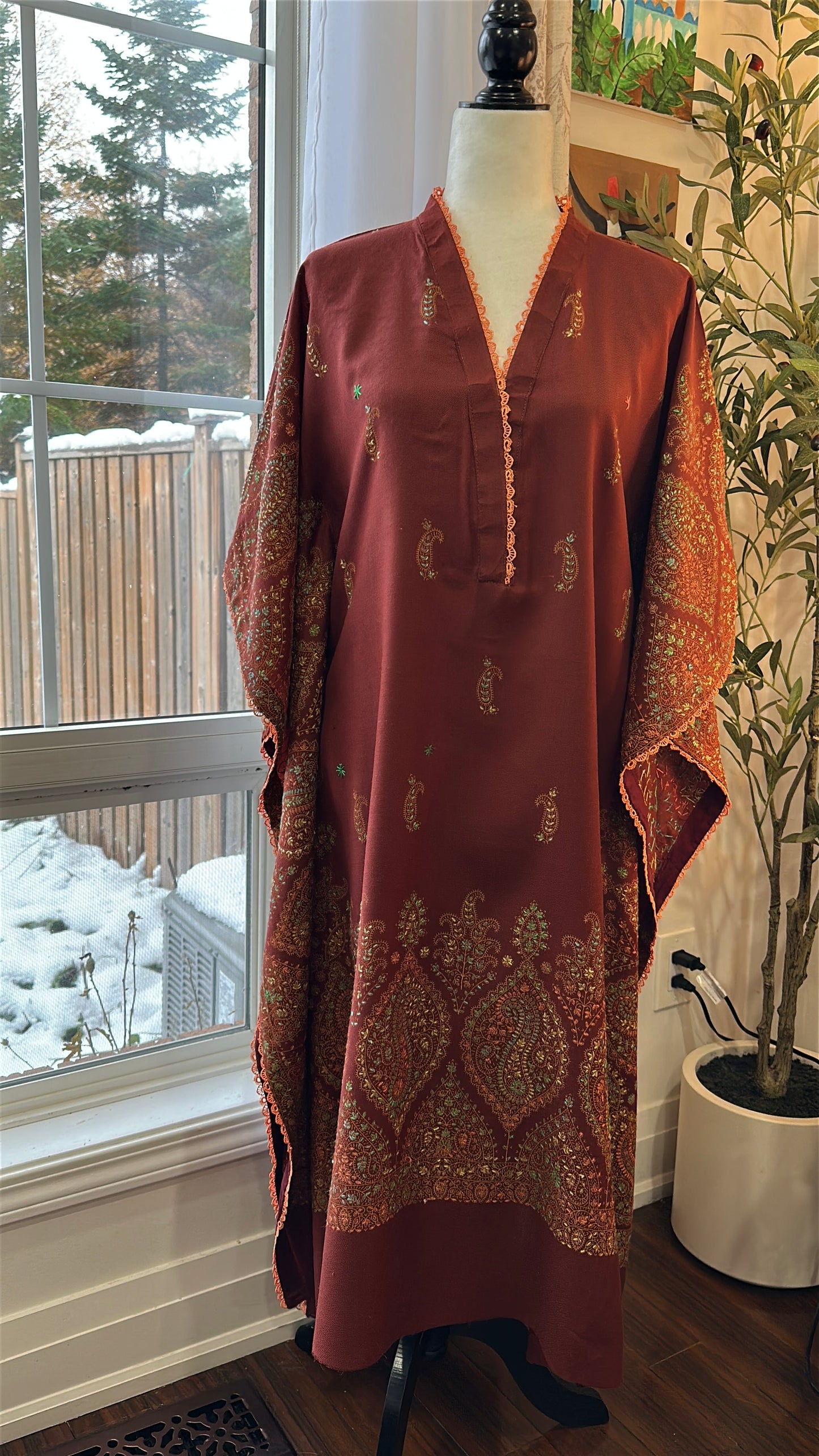 Gulnaar-e-Russet – KalamKari Shawl Kaftan
