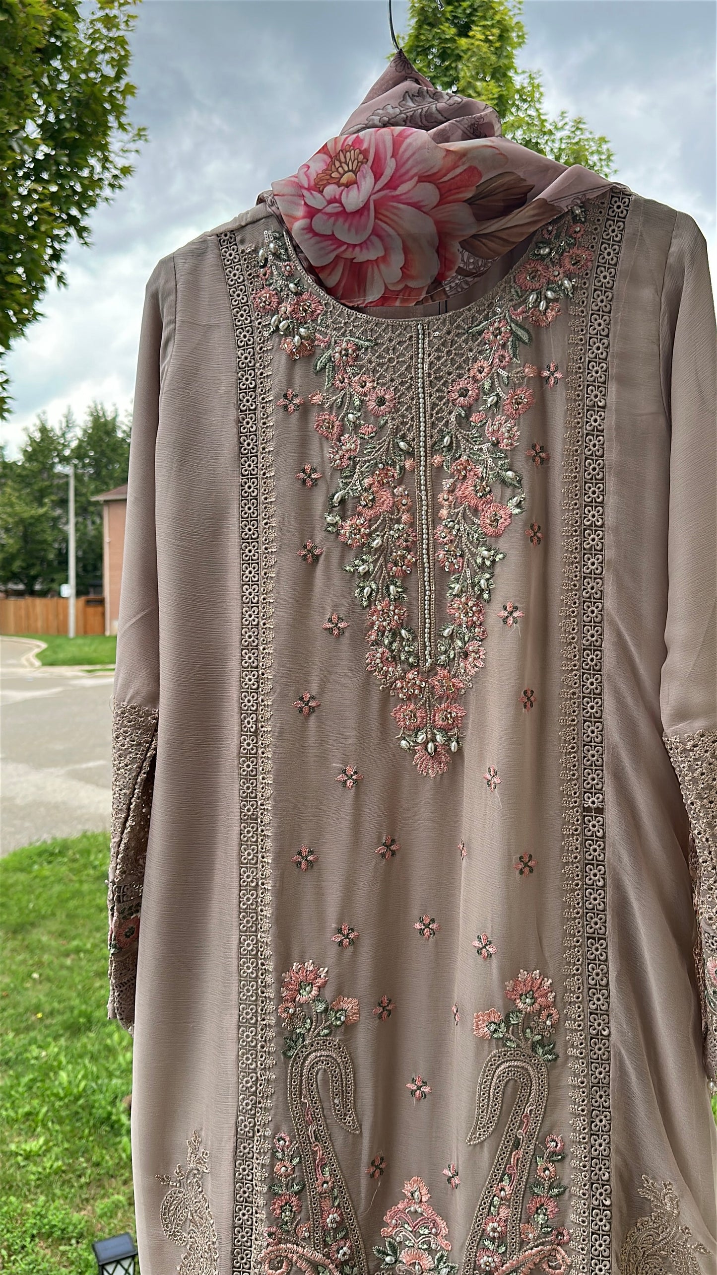 Mink Taupe Rosé Élan — Embroidered Chiffon 3-Piece Set
