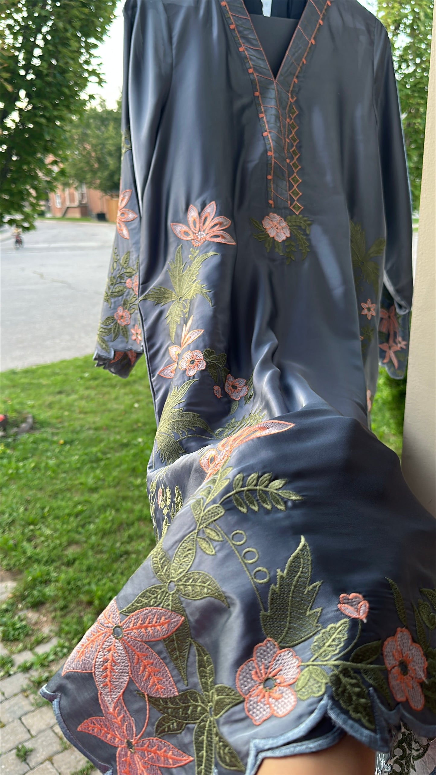 Zarveen — Slate Silk Embroidered Kaftan Set