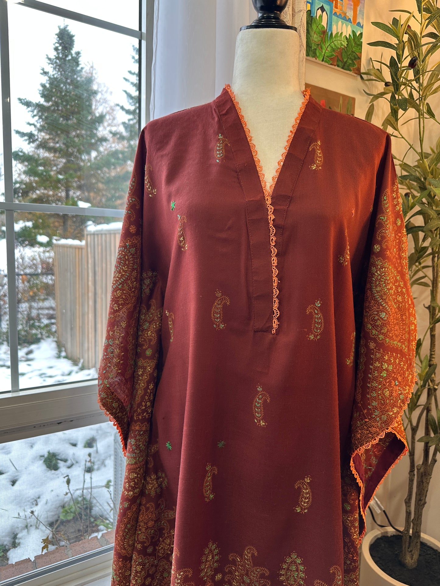Gulnaar-e-Russet – KalamKari Shawl Kaftan