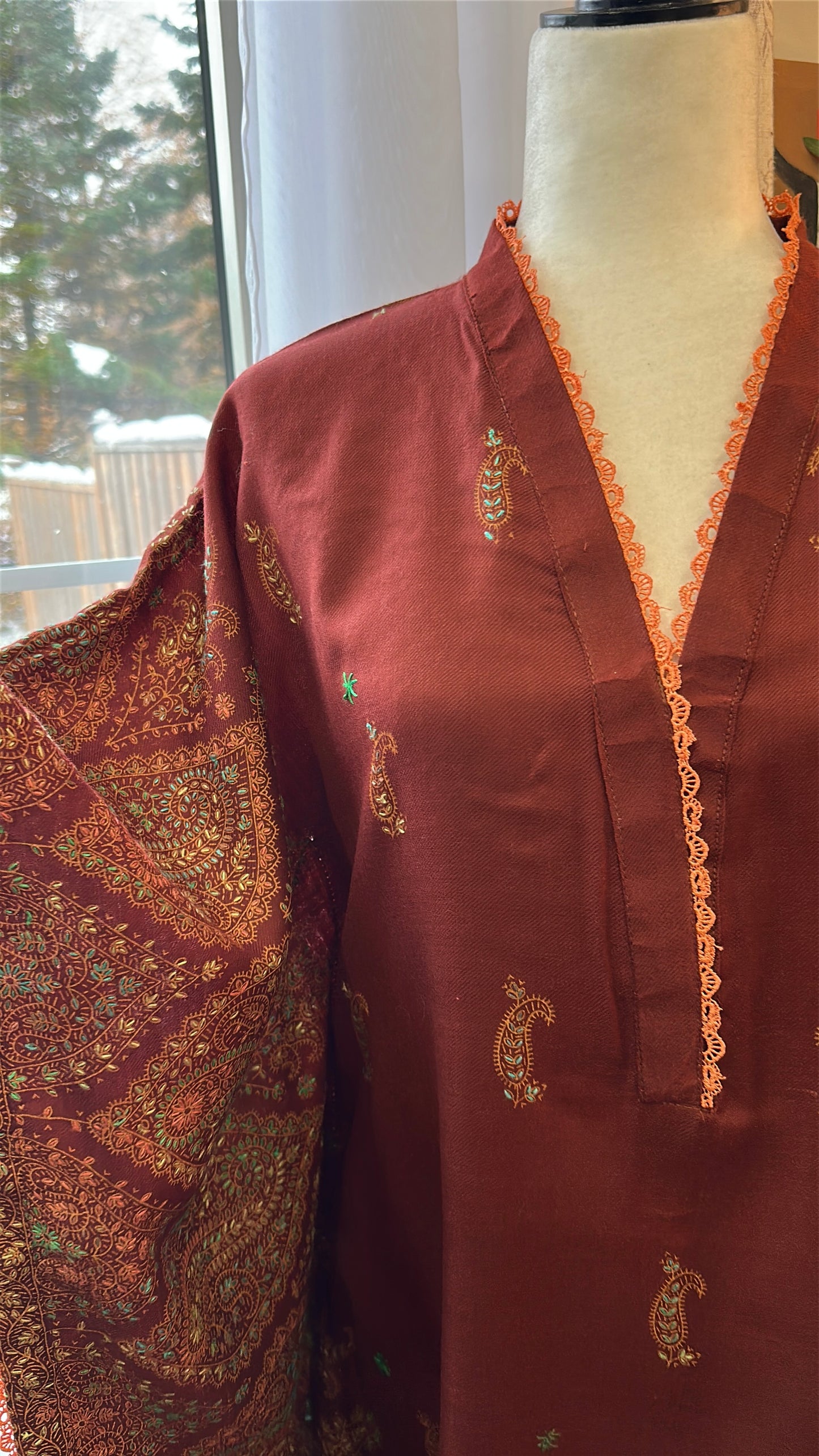 Gulnaar-e-Russet – KalamKari Shawl Kaftan