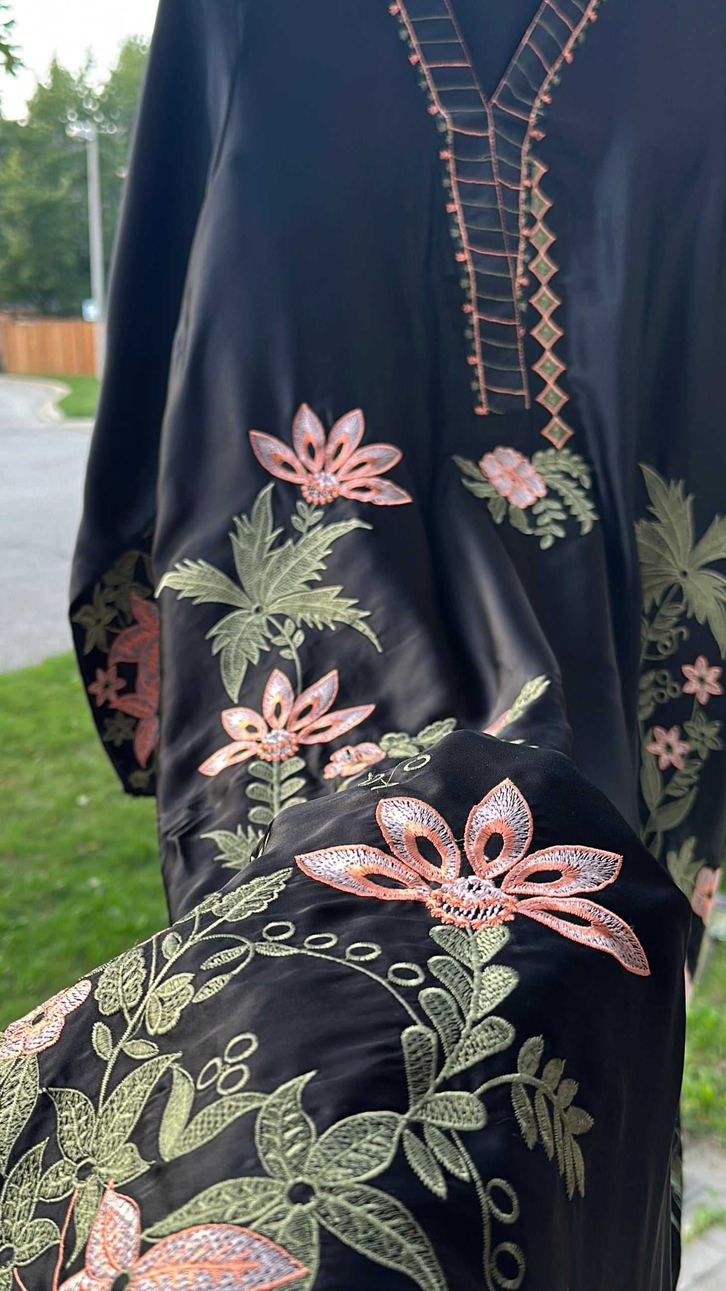 Zarveen Noir — Black Silk Embroidered Kaftan Set