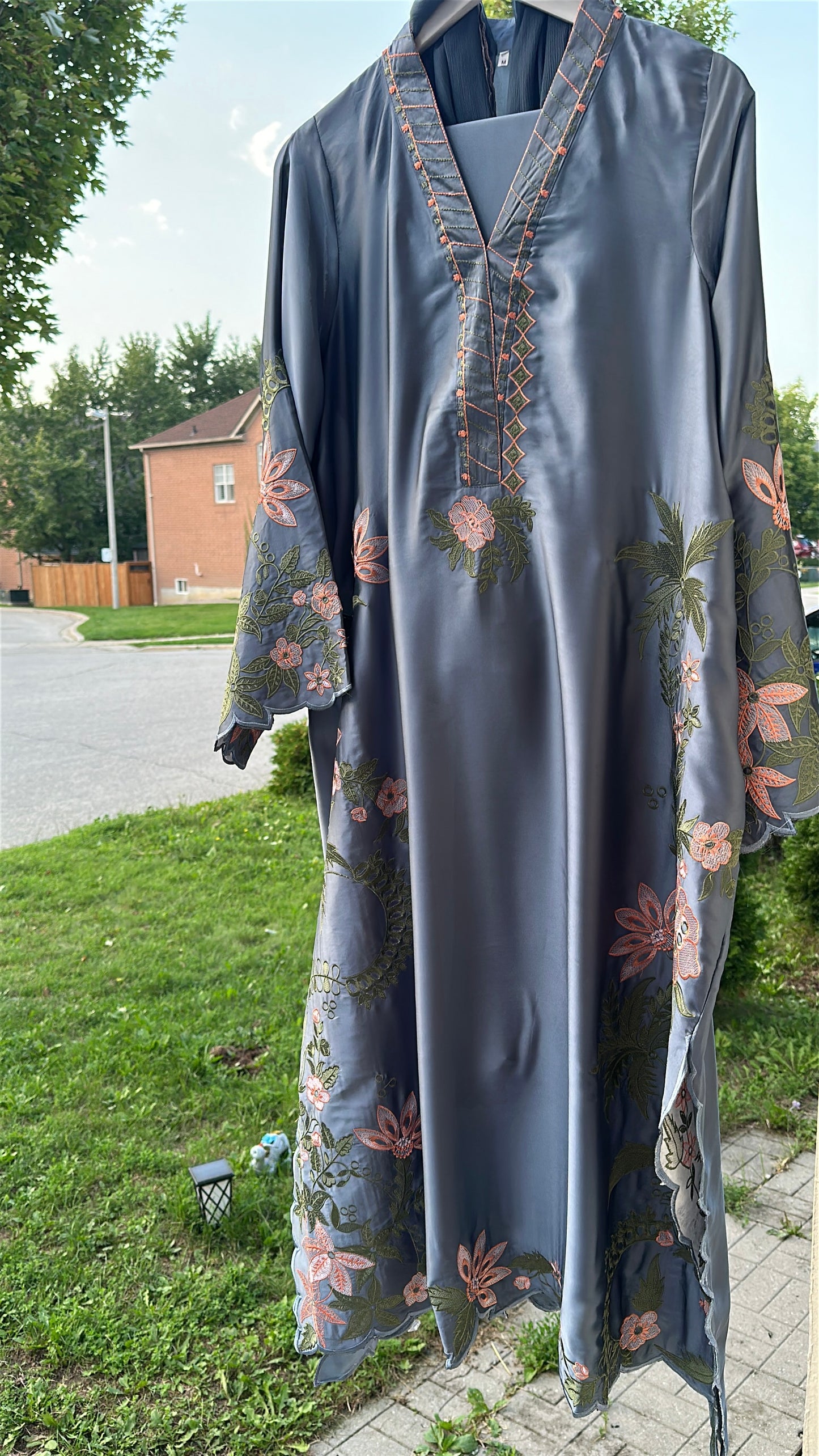 Zarveen — Slate Silk Embroidered Kaftan Set
