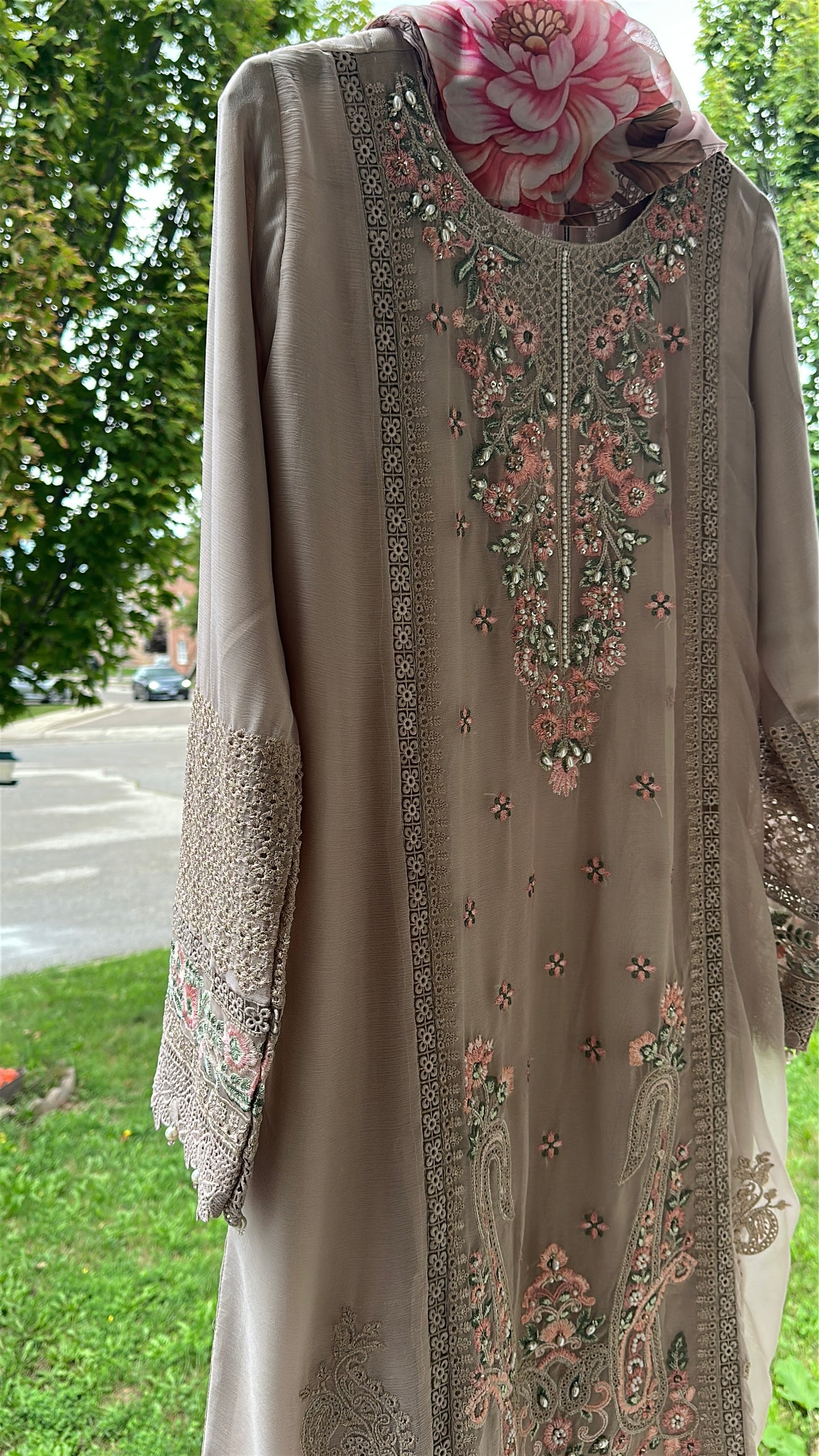 Mink Taupe Rosé Élan — Embroidered Chiffon 3-Piece Set