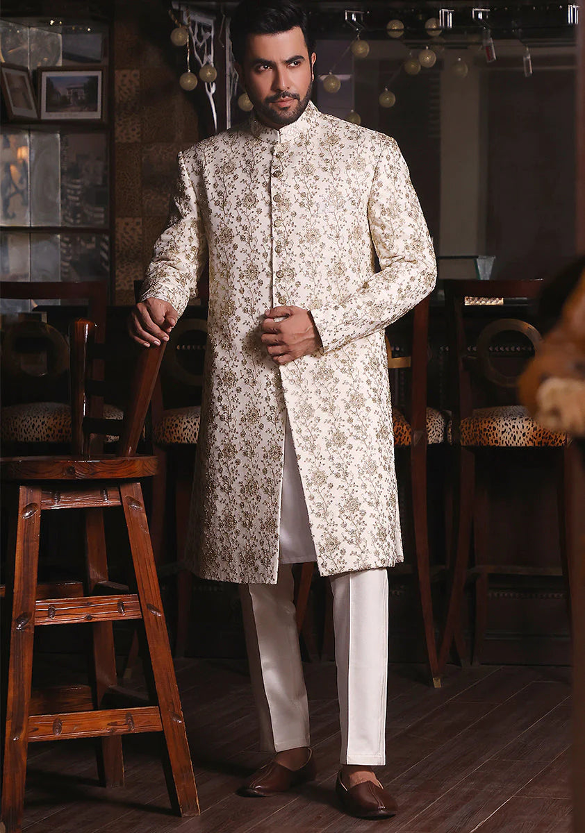 Classic Cream Cotton Net Traditional Embroidered Sherwani - MILAN