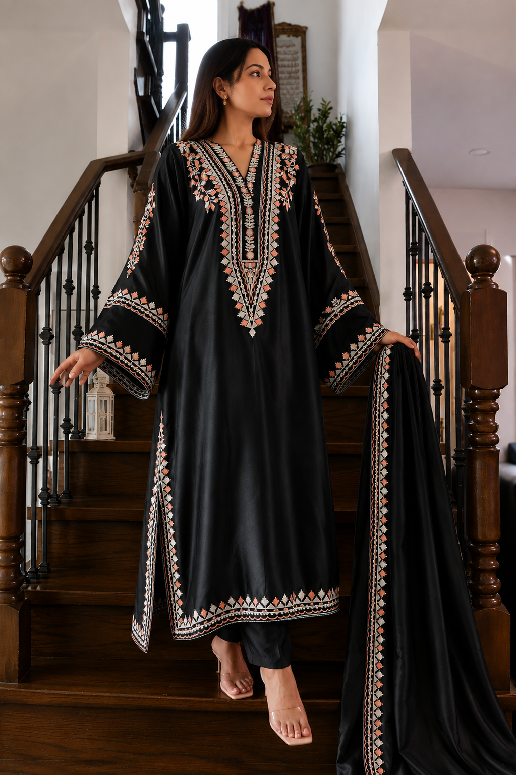 Mehr Noir — Embroidered Silk Kaftaan 3-Piece Set