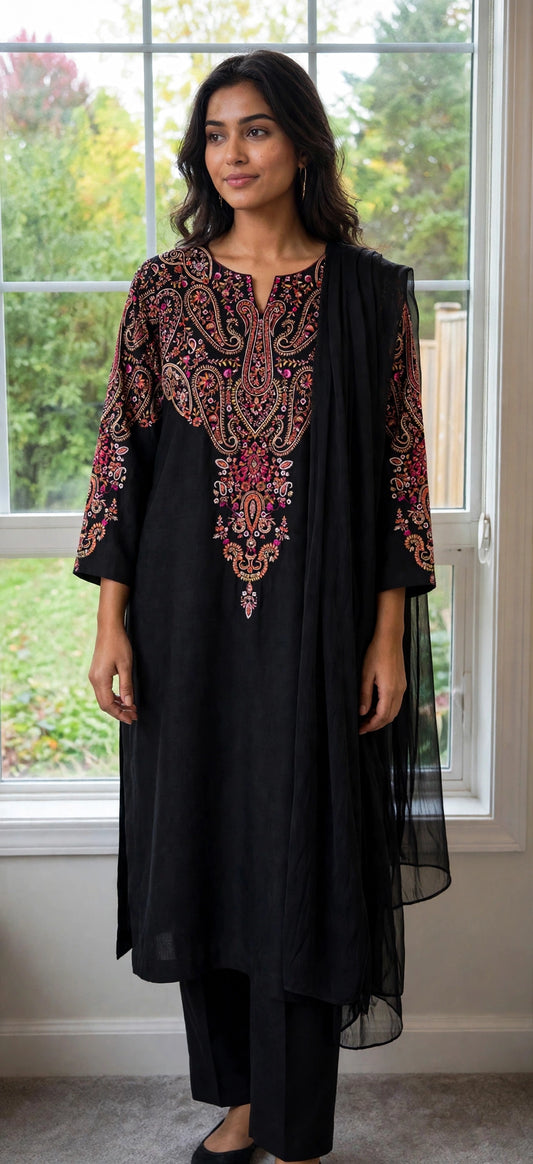 Midnight Bloom / Pure Pashmina Kashmira — 3-Piece Set