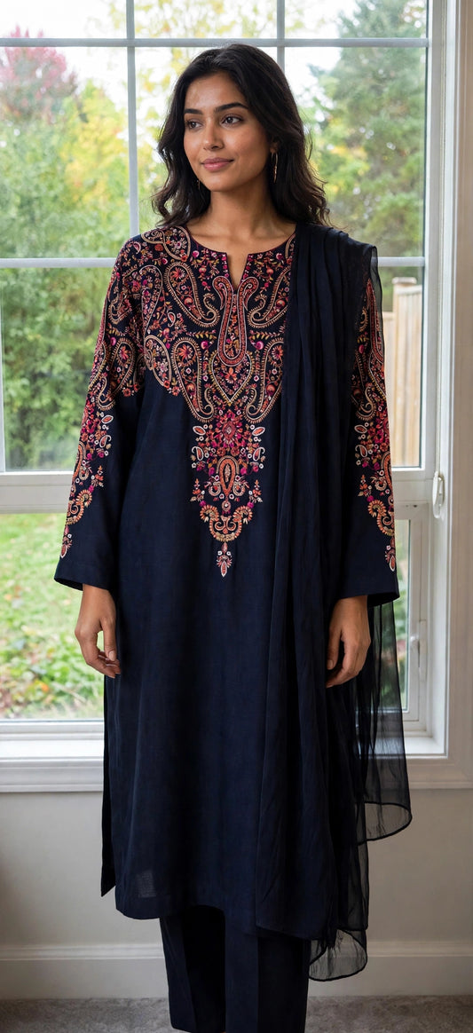 Navy Roselle / Pure Pashmina Kashmira — 3-Piece Set