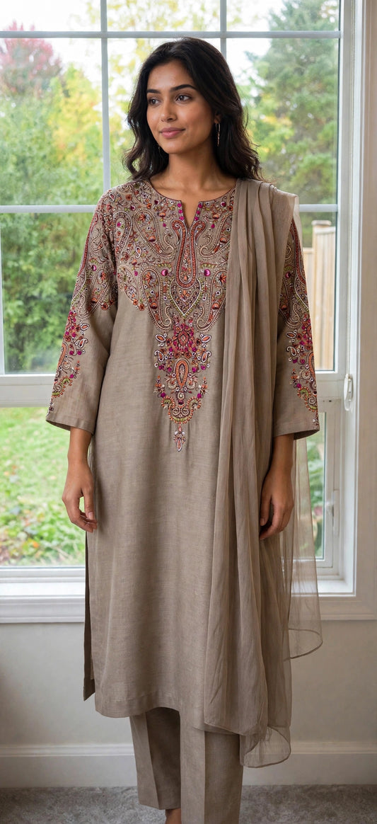 Taupe Cashmere Rose / Pure Pashmina Kashmira — 3-Piece Set