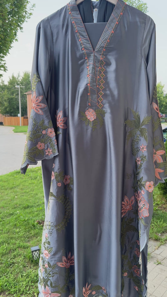 Zarveen — Slate Silk Embroidered Kaftan Set