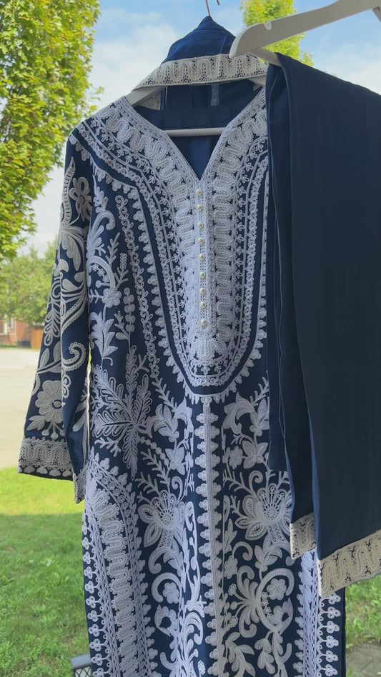 Midnight Ivory — Embroidered Chiffon Three-Piece Set