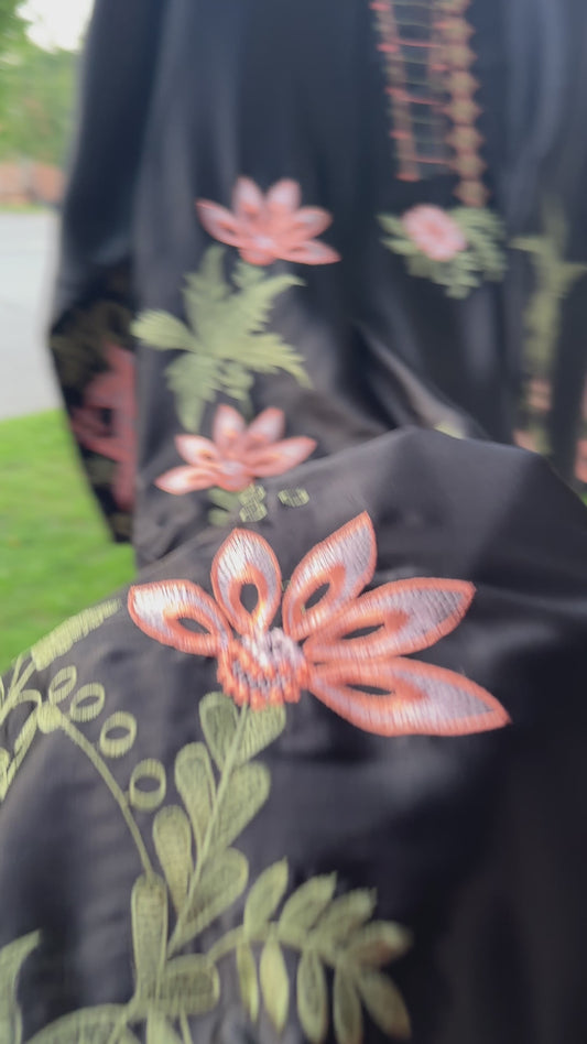 Zarveen Noir — Black Silk Embroidered Kaftan Set